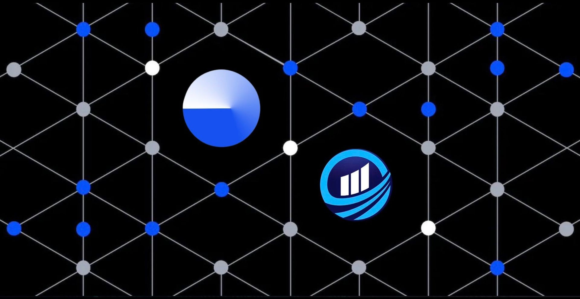 Geometric grid with blue and gray nodes, featuring two circular logos with blue and white elements.