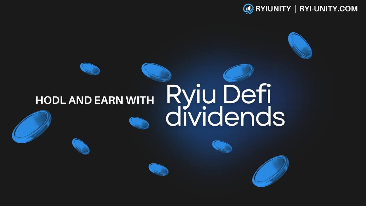 Blue coins flying with text: Hodl and earn with Ryiu DeFi dividends.