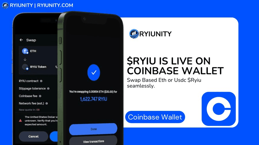 Announcement of $RYIU token available on Coinbase Wallet shown on phone screens.