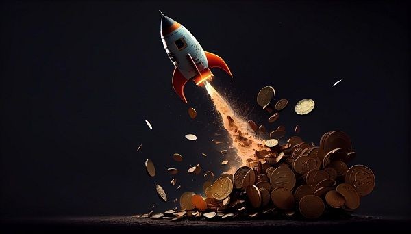 Rocket launching from a pile of coins, symbolizing financial growth and success.