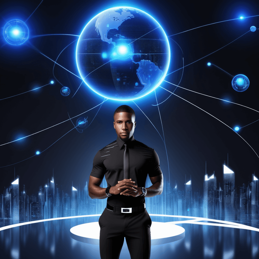 Man standing confidently against a digital cityscape with a glowing globe and network connections in the background.