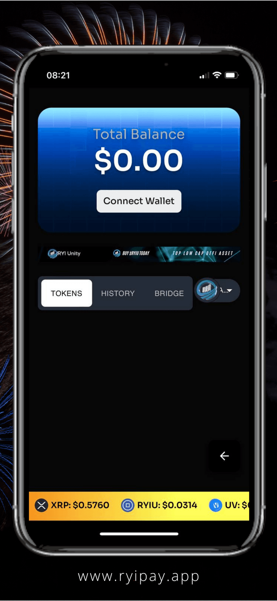 Smartphone screen with crypto wallet app showing $0 balance and currency prices, with fireworks background.